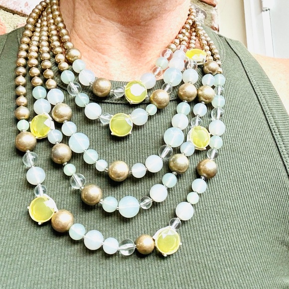 Vintage tiered necklace beaded multistrand bronze pastel blue metallic 5 strands - Picture 5 of 7